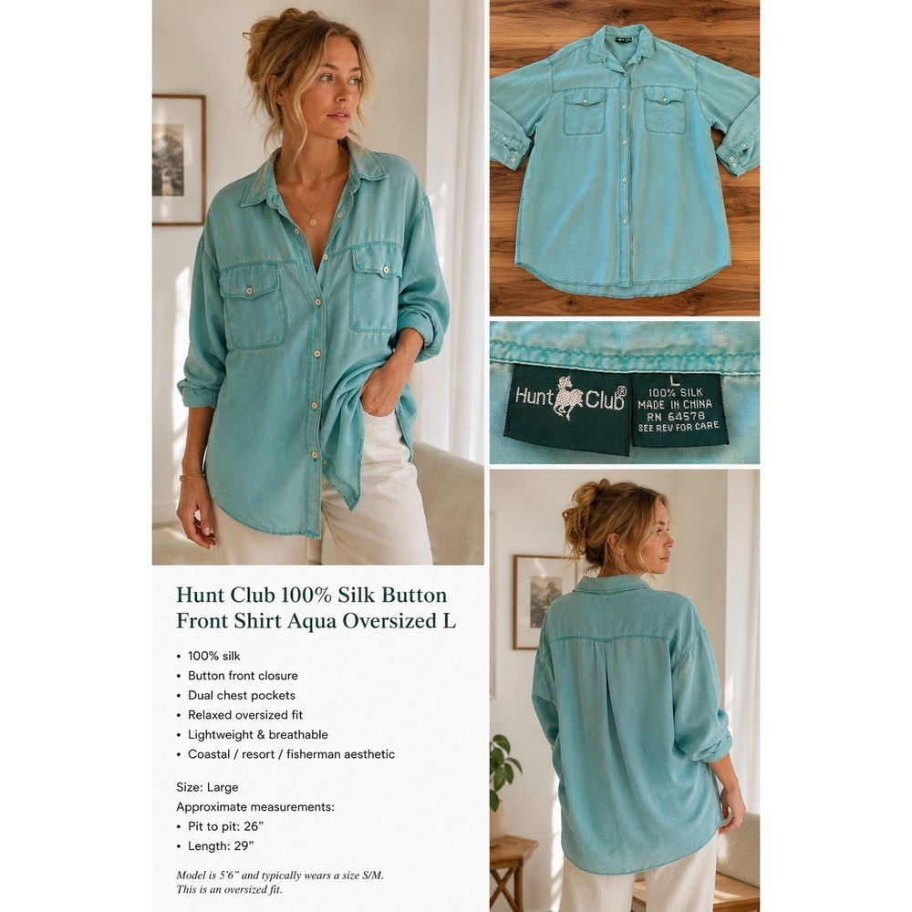 Hunt Club 100% Silk Button Front Shirt‎ Aqua Teal Oversized Coastal Cottage L